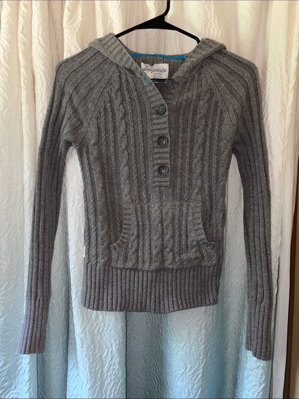 Aeropostale Women's Gray Cable-Knit Hooded Cardigan Sweater